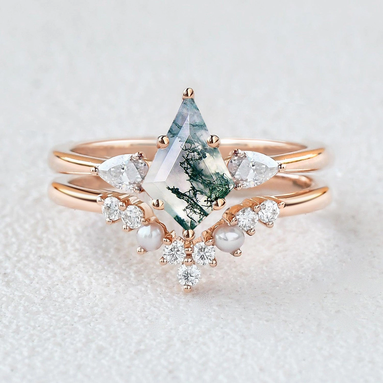Daily Details Sharp Silhouette Kite Cut Moss Agate Pearl Stacking Engagement Ring Set 2pcs