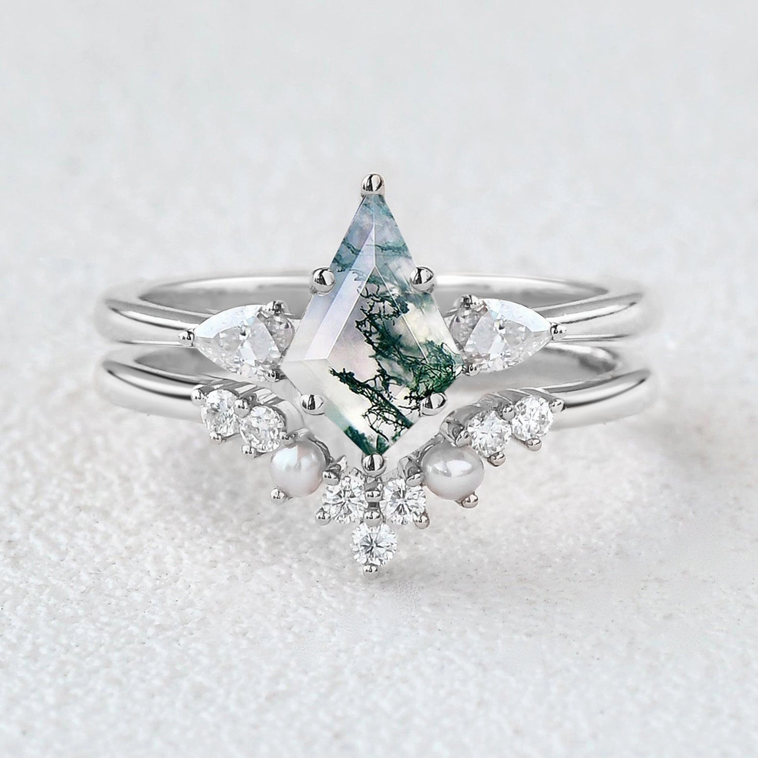Kite Cut Moss Agate Pearl Stacking Engagement Ring Set 2pcs Refined Finish