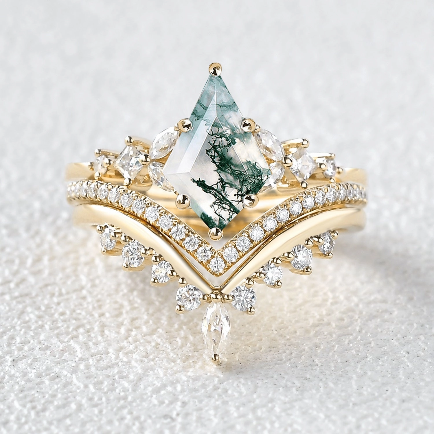 Cool Finish Distinctive Detailing Kite Cut Moss Agate Stacking Luxurious Engagement Bridal Set 3pcs