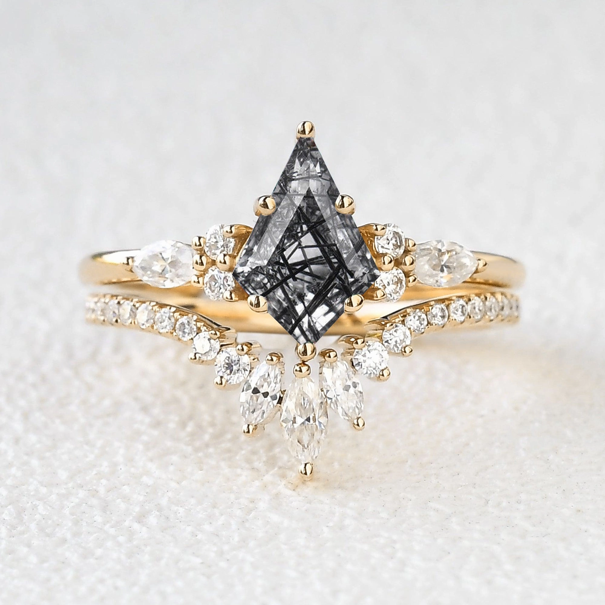 Enduring Shine Elegant Pair Kite Cut Moss Agate Three Stone Engagement Ring Set 2pcs - Rebecca