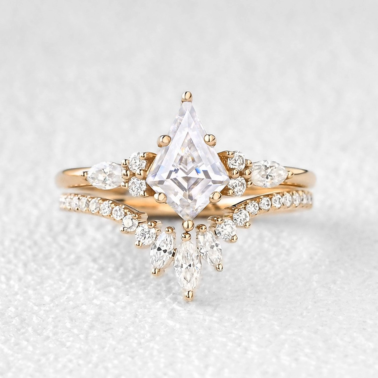 Kite Cut Moss Agate Three Stone Engagement Ring Set 2pcs - Rebecca youth choice