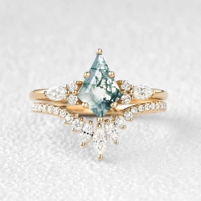 Kite Cut Moss Agate Three Stone Engagement Ring Set 2pcs - Rebecca Travel Ready Unique Highlight