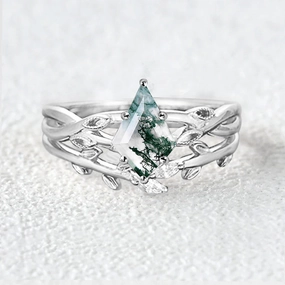 Luxury Edge Soft Accent Kite Cut Nature Inspired Moss Agate Ring Sets 2pcs