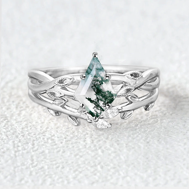 Luxury Edge Soft Accent Kite Cut Nature Inspired Moss Agate Ring Sets 2pcs