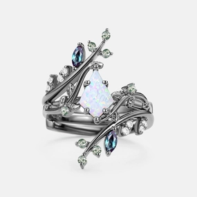 Sweet Touch Delicate Vibe Kite Cut Opal Cage Leafy Engagement Ring Sets 2pcs - Knight