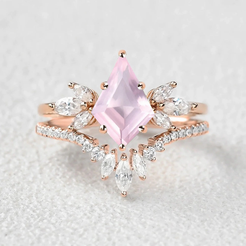 Lively Accent Romantic Moment Kite Cut Rose Quartz Butterfly Engagement Ring Set 2pcs