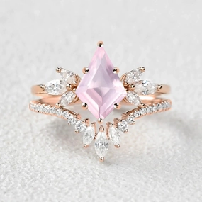 Bold Jewelry Shine Kite Cut Rose Quartz Butterfly Engagement Ring Set 2pcs