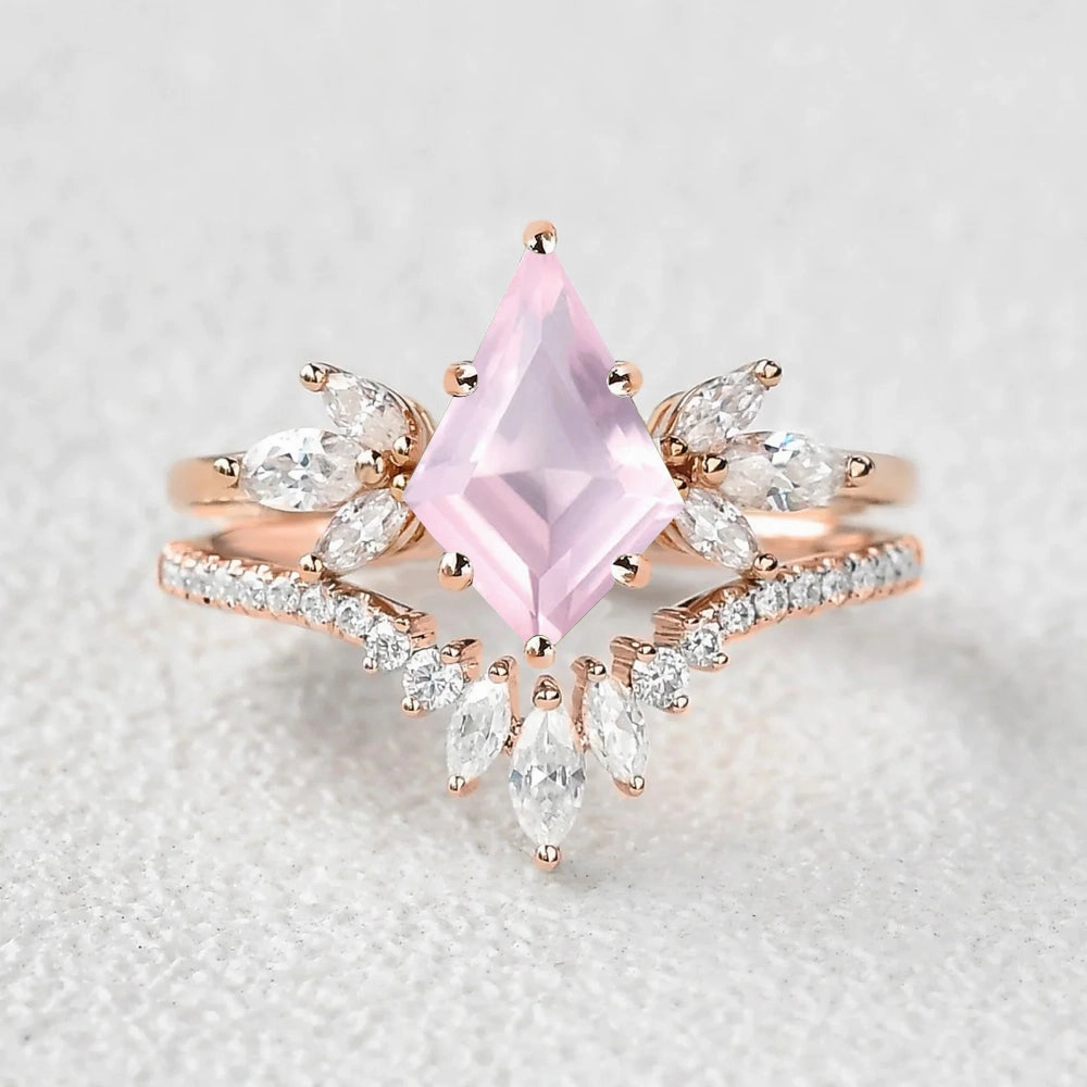 Unique Feature Delicate Pair Kite Cut Rose Quartz Butterfly Engagement Ring Set 2pcs