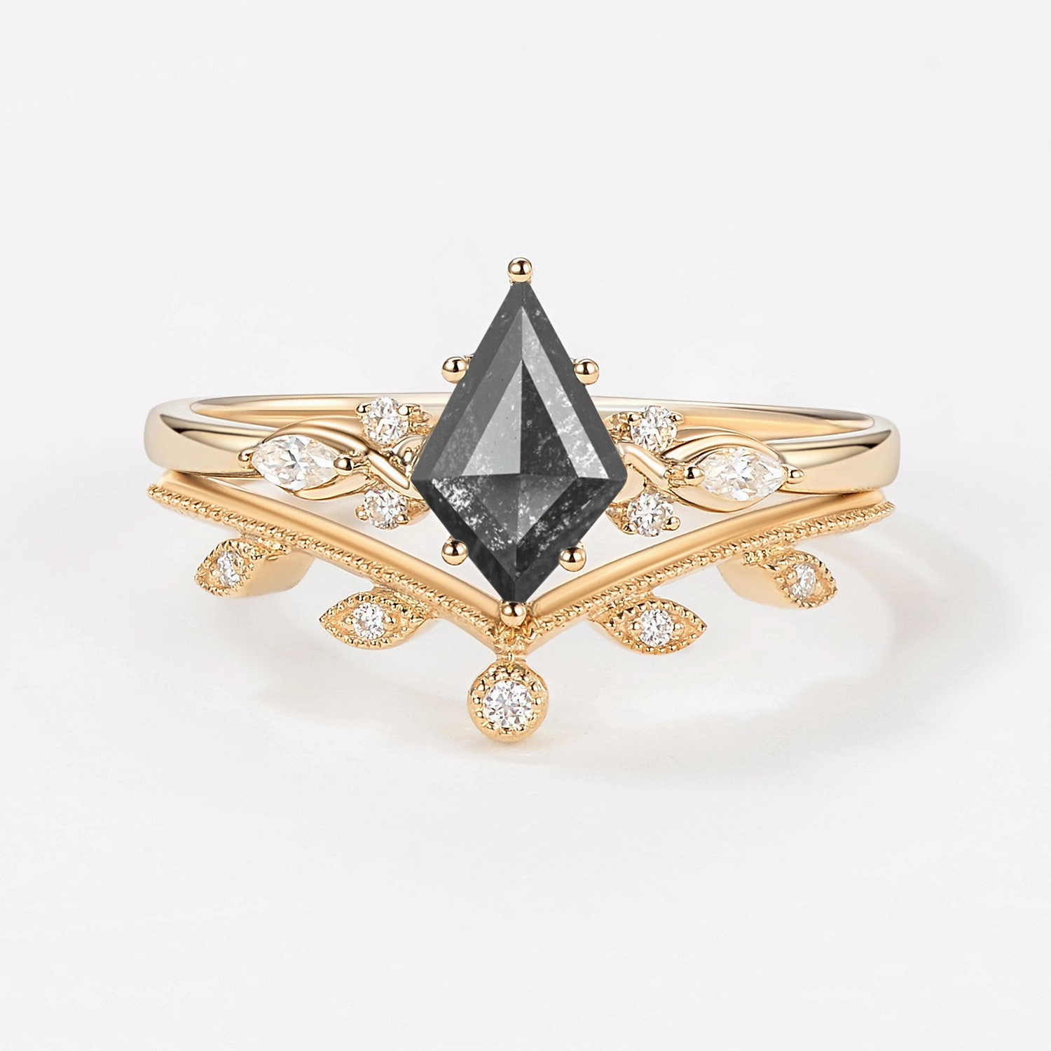 Fashion Detail Kite Cut Salt & Pepper Diamonds Leafy Engagement Ring Set 2pcs