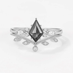 Kite Cut Salt & Pepper Diamonds Leafy Engagement Ring Set 2pcs Daily Look Versatile Design