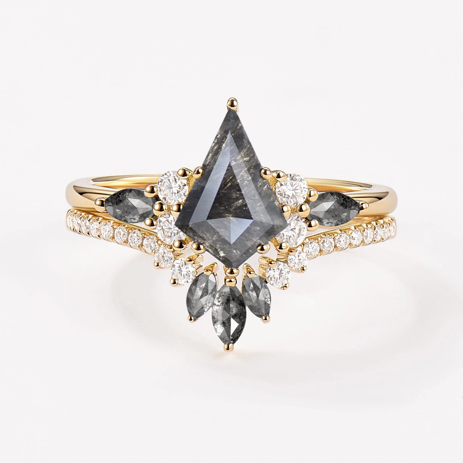 Kite Cut Salt and Pepper Diamonds Cluster Engagement Ring Set 2pcs - Rebecca Modern Attire Classic Pairing