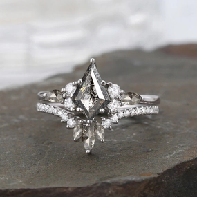 Flawless Cut Kite Cut Salt and Pepper Diamonds Cluster Engagement Ring Set 2pcs - Rebecca