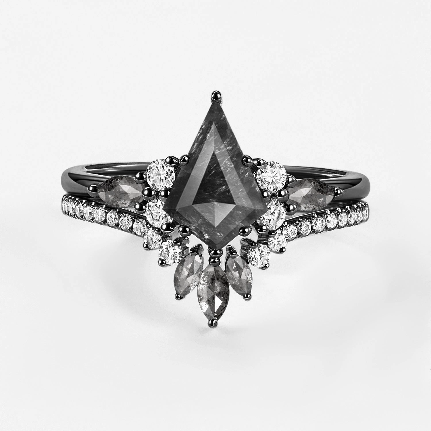 party accessory Layered Texture Kite Cut Salt and Pepper Diamonds Cluster Engagement Ring Set 2pcs - Rebecca