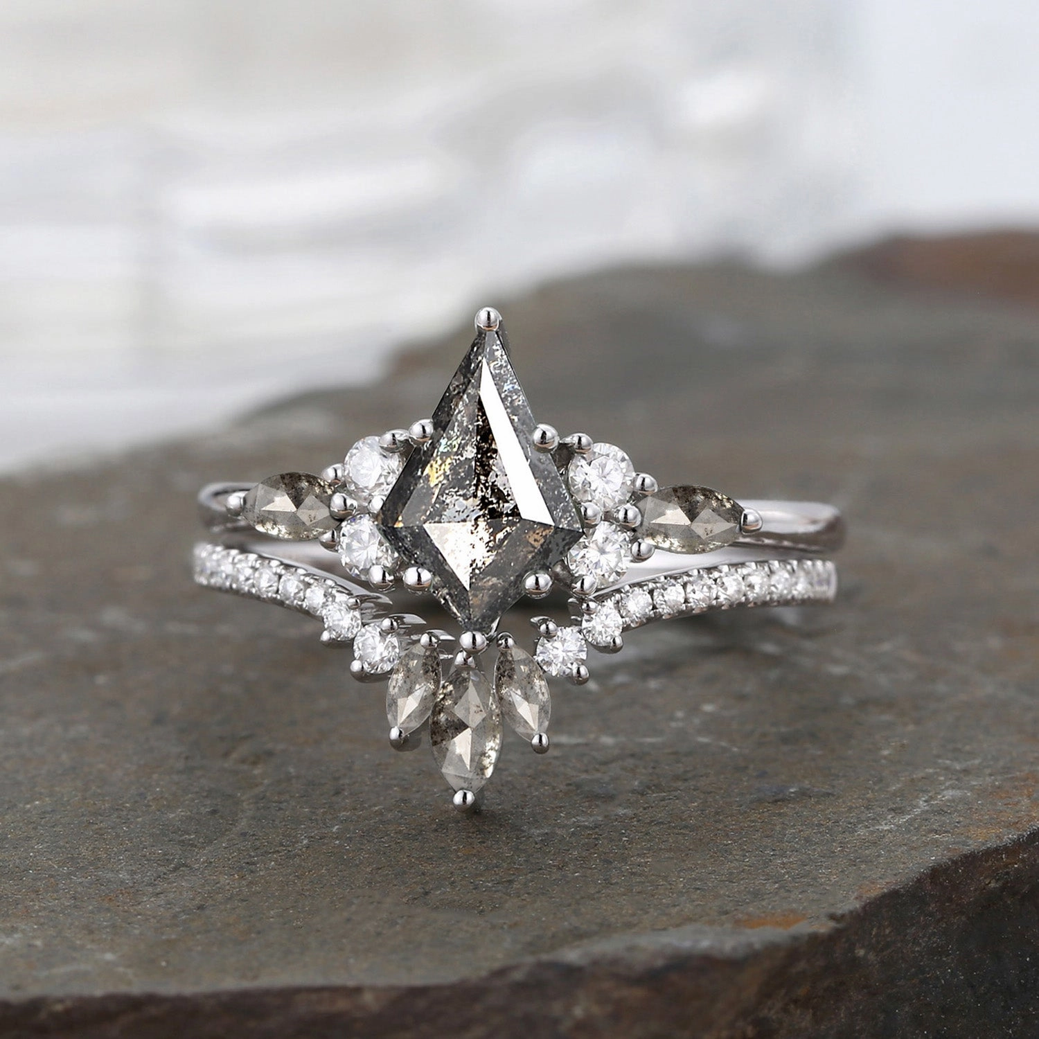 Flawless Cut Kite Cut Salt and Pepper Diamonds Cluster Engagement Ring Set 2pcs - Rebecca