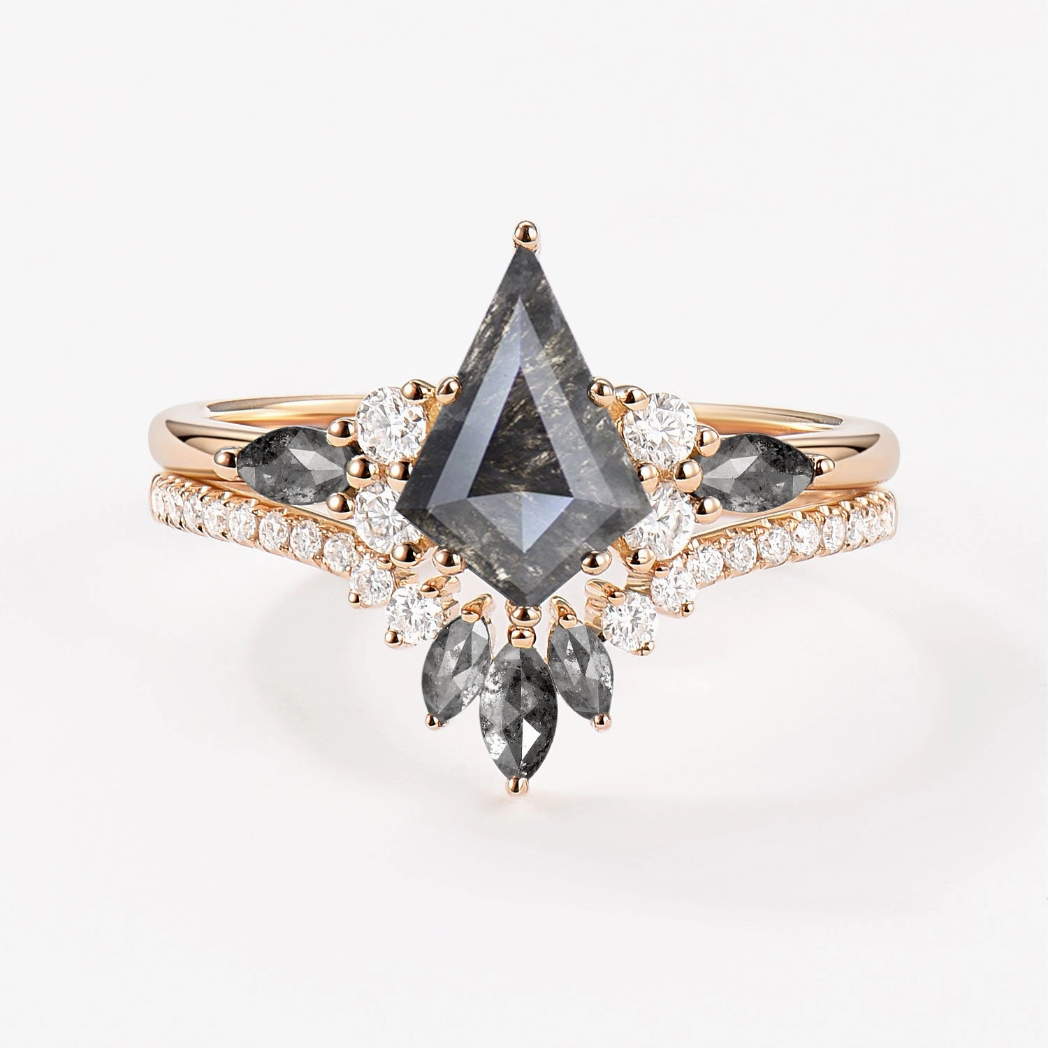 Kite Cut Salt and Pepper Diamonds Cluster Engagement Ring Set 2pcs - Rebecca Shaped Precision Dramatic Flare