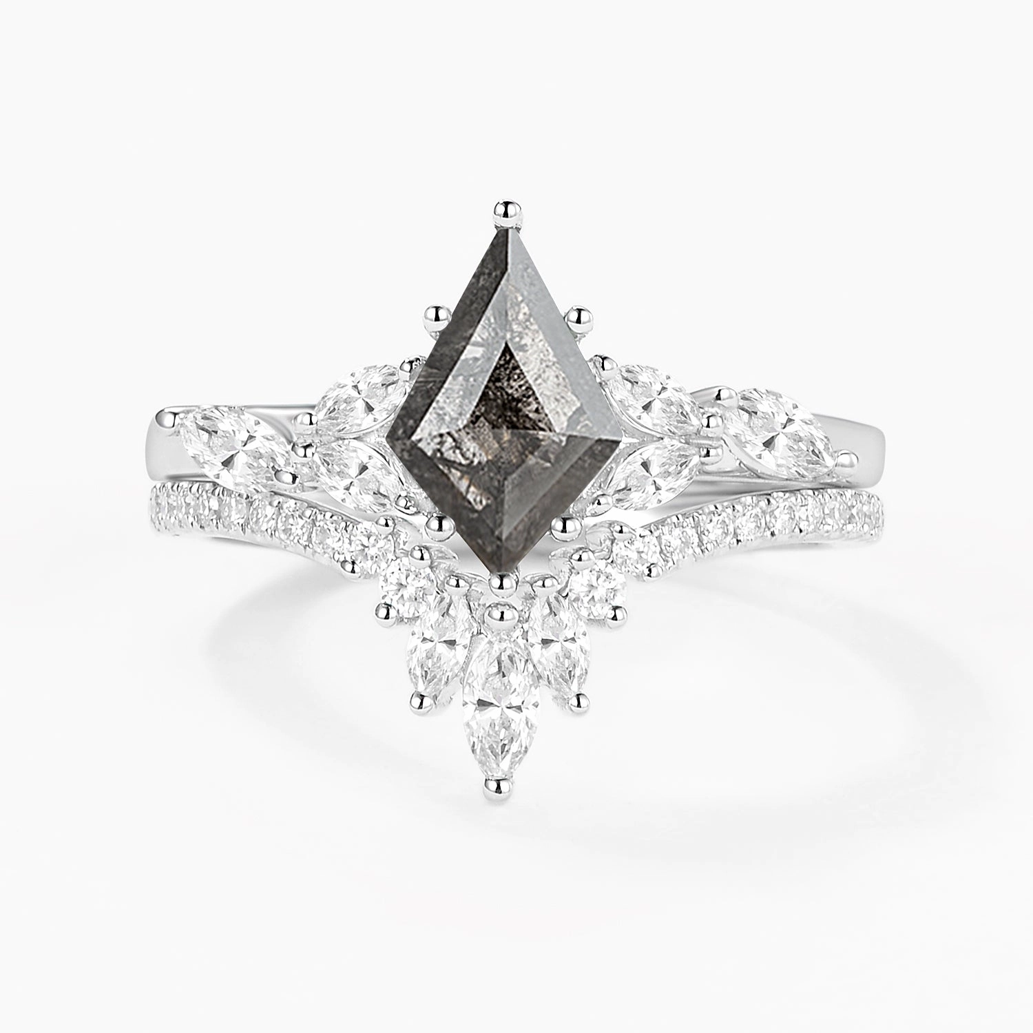 Kite Cut Salt and Pepper Diamonds Cluster Engagement Ring Set 2pcs Classic Attire