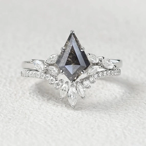 Kite Cut Salt and Pepper Diamonds Cluster Engagement Ring Set 2pcs Bold Sparkle