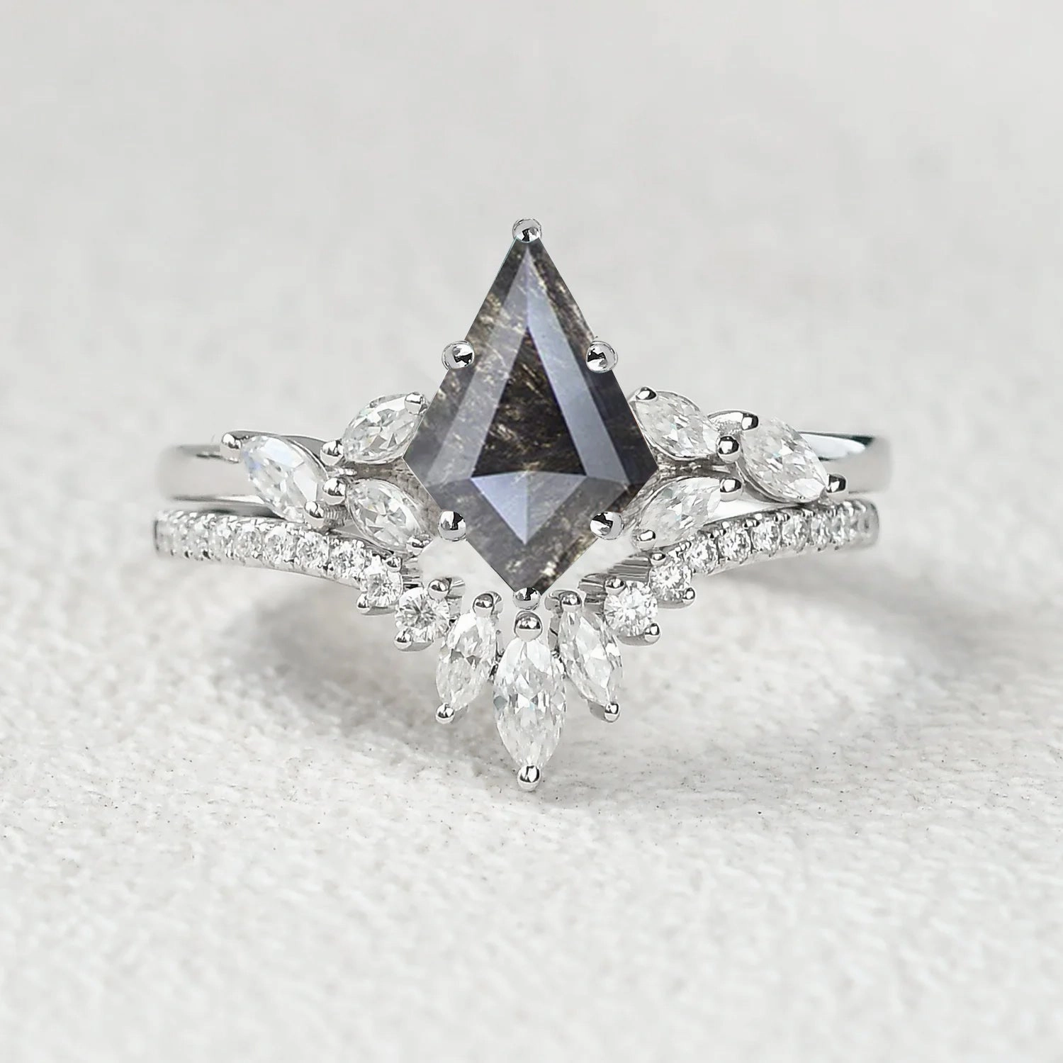 Kite Cut Salt and Pepper Diamonds Cluster Engagement Ring Set 2pcs Bold Sparkle