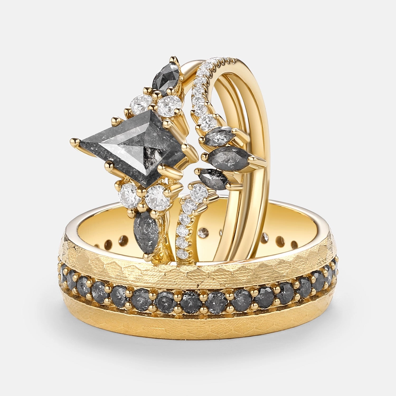 Unique Craft Kite Cut Salt and Pepper Diamonds Engagement Couple Ring Set 3pcs - Rebecca