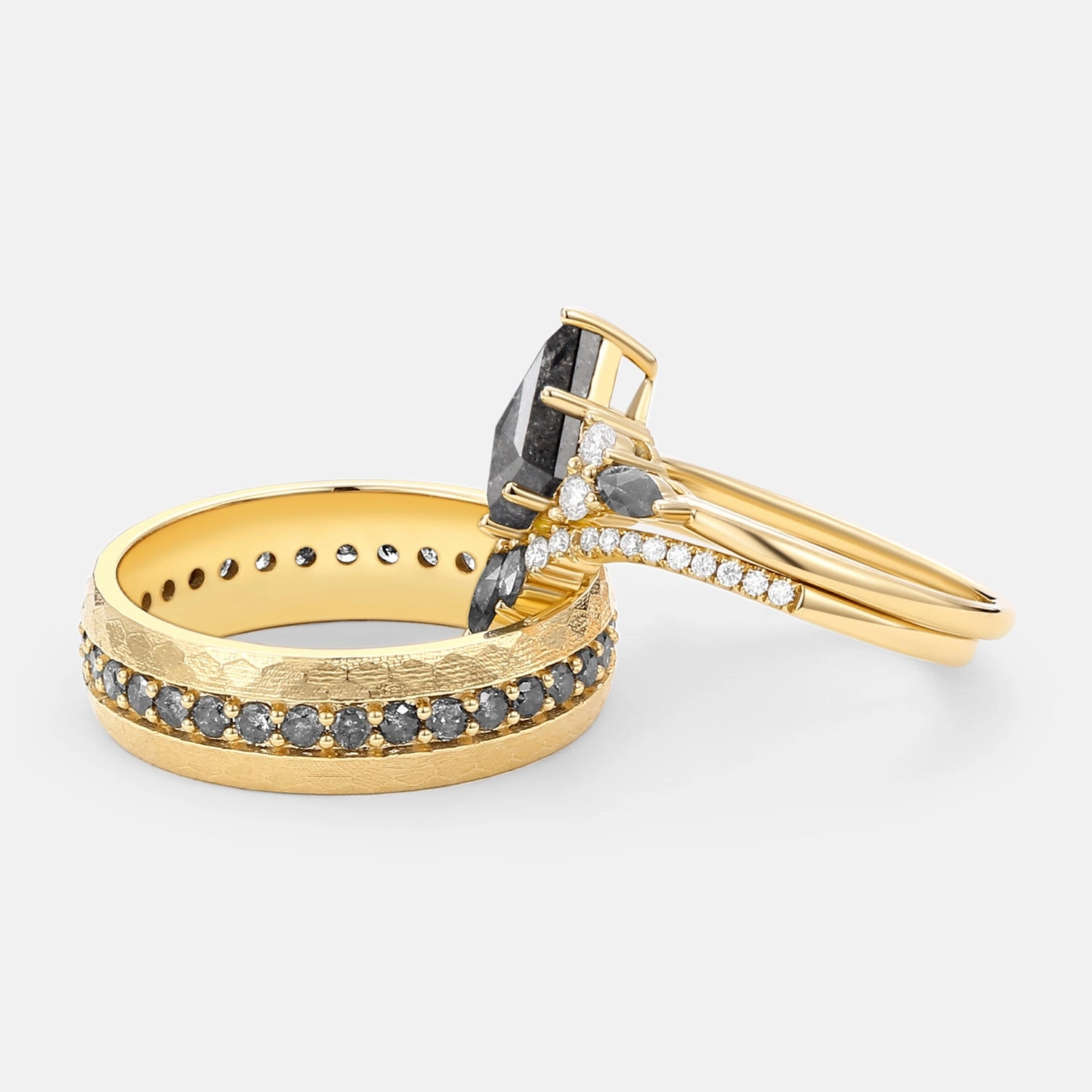 Fashion Jewelry Custom Shine Design Kite Cut Salt and Pepper Diamonds Engagement Couple Ring Set 3pcs - Rebecca