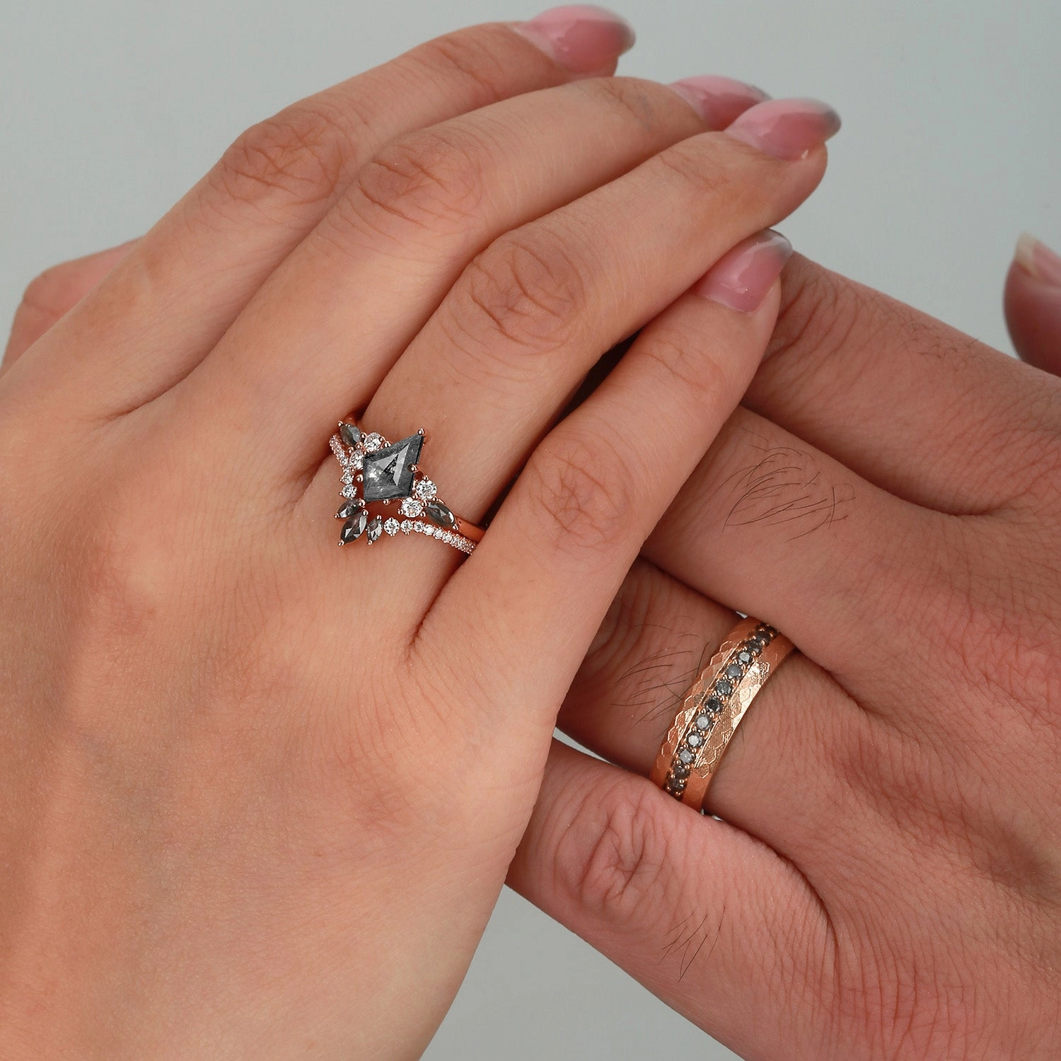 Kite Cut Salt and Pepper Diamonds Engagement Couple Ring Set 3pcs - Rebecca Sophisticated Jewelry Design Dainty Appeal