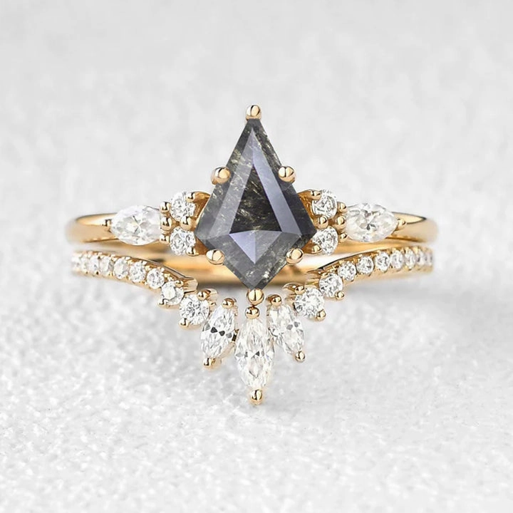 Modern Radiance Kite Cut Salt and Pepper Diamonds Three Stone Engagement Ring Set 2pcs - Rebecca