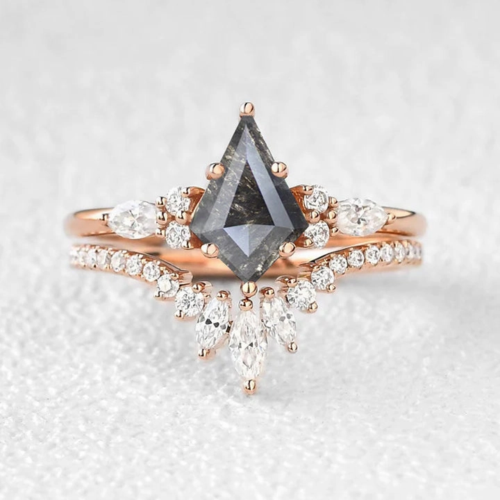 Balanced Form Daily Layer Kite Cut Salt and Pepper Diamonds Three Stone Engagement Ring Set 2pcs - Rebecca
