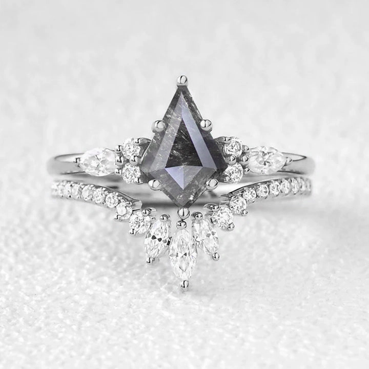 Vibrant Piece Statement Vibe Kite Cut Salt and Pepper Diamonds Three Stone Engagement Ring Set 2pcs - Rebecca
