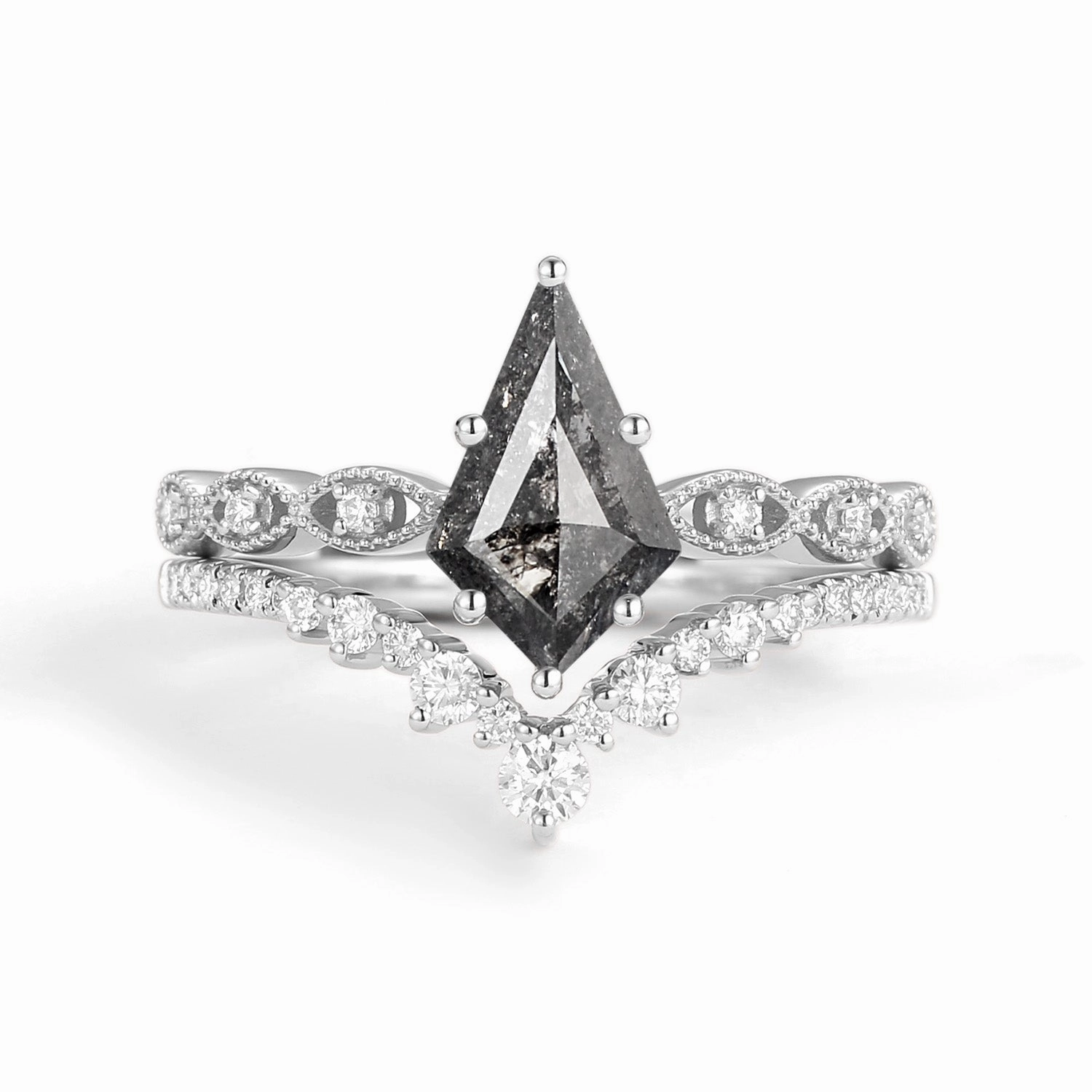 Kite Cut Salt and Pepper Diamonds Vintage Engagement Ring Set 2pcs - Winona City Stroll Bridal Vibe