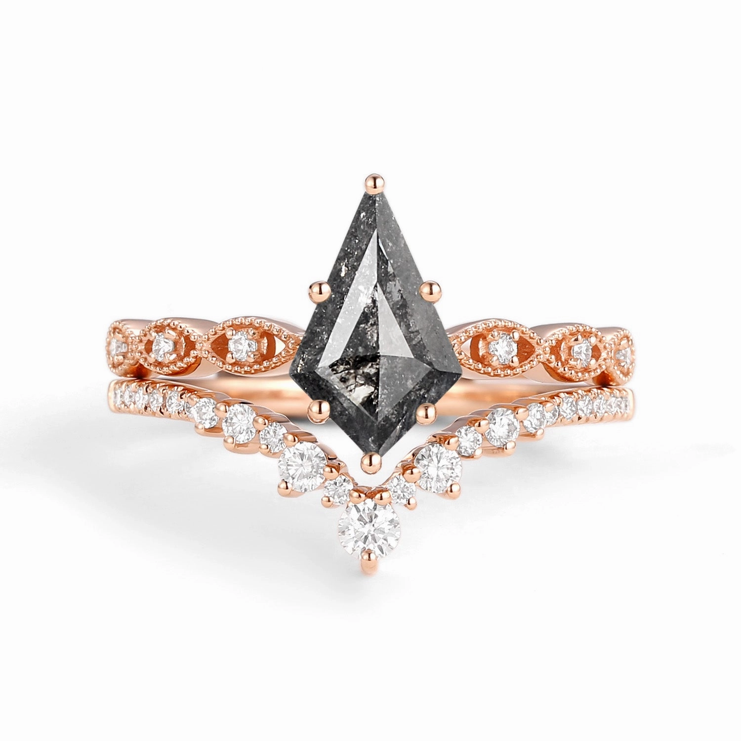 Kite Cut Salt and Pepper Diamonds Vintage Engagement Ring Set 2pcs - Winona Sparkle Vibe Handcrafted Pieces
