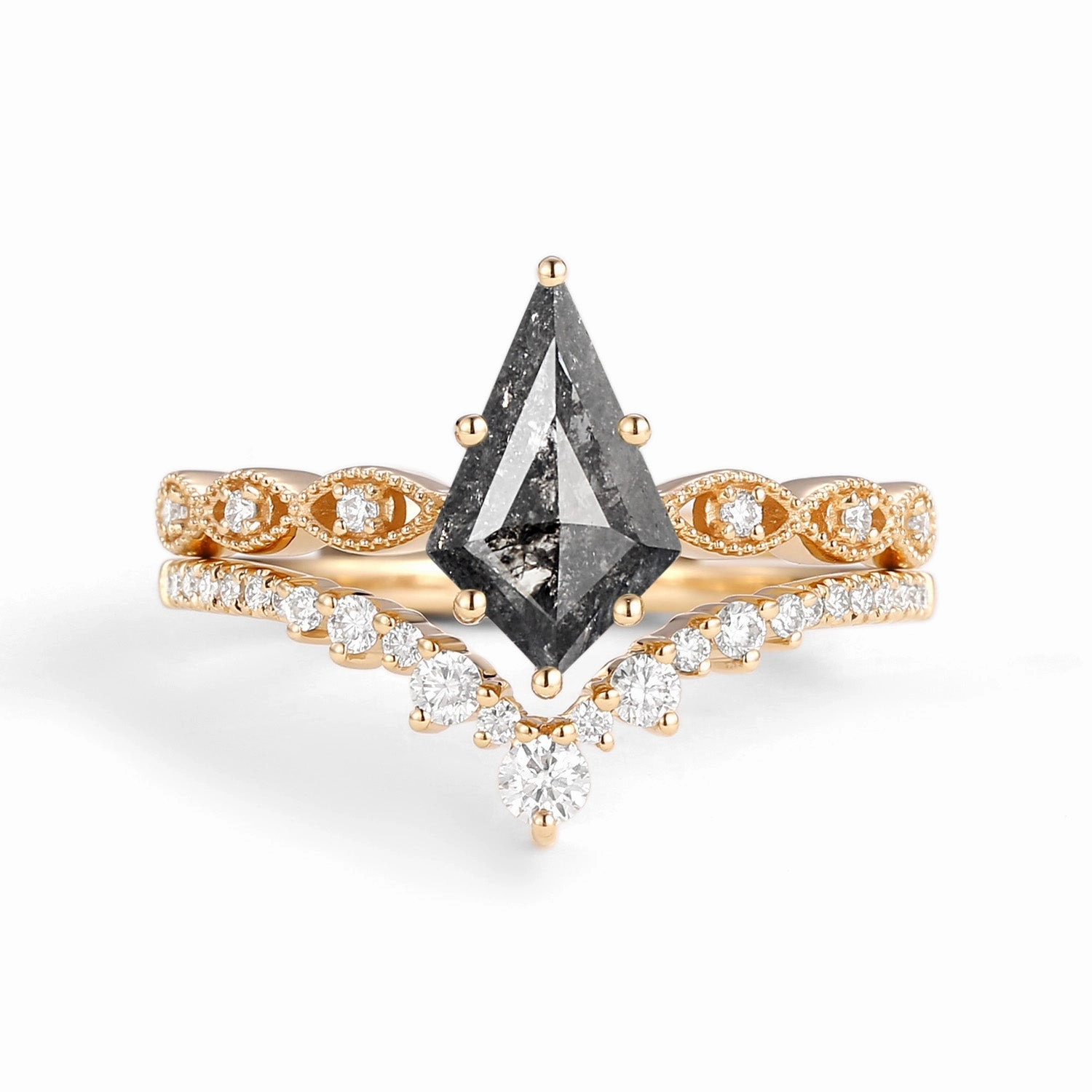 Kite Cut Salt and Pepper Diamonds Vintage Engagement Ring Set 2pcs - Winona Elegant Pair