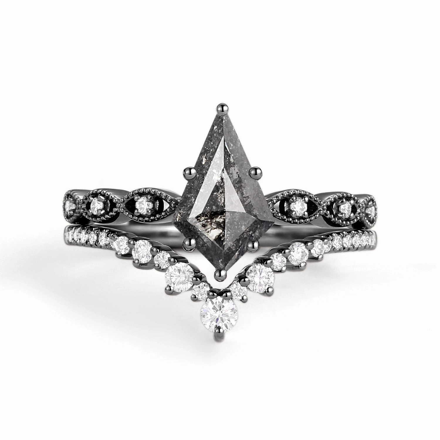 Kite Cut Salt and Pepper Diamonds Vintage Engagement Ring Set 2pcs - Winona Vivid Accent Fresh Pair