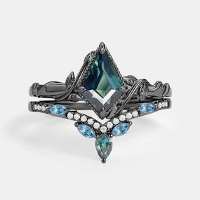 Simple Glow Kite Cut Teal Sapphire & London Blue Topaz Engagement Ring Sets 2pcs - Lark
