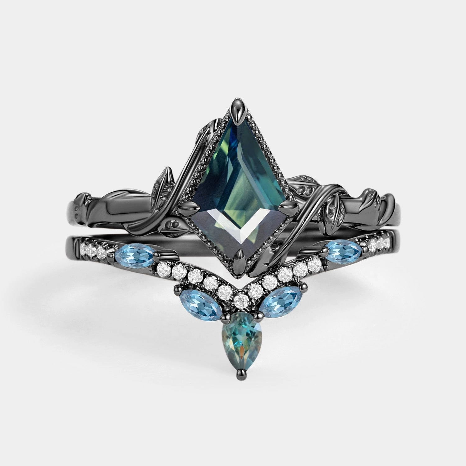 Simple Glow Kite Cut Teal Sapphire & London Blue Topaz Engagement Ring Sets 2pcs - Lark