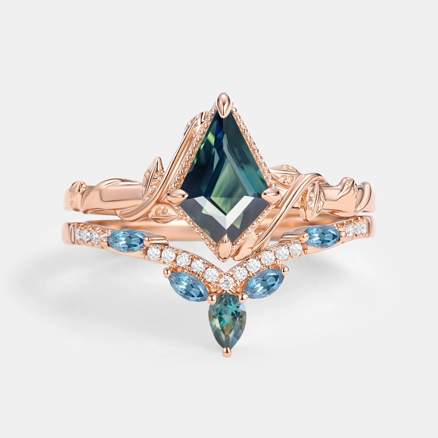 Kite Cut Teal Sapphire & London Blue Topaz Engagement Ring Sets 2pcs - Lark Timeless Layer