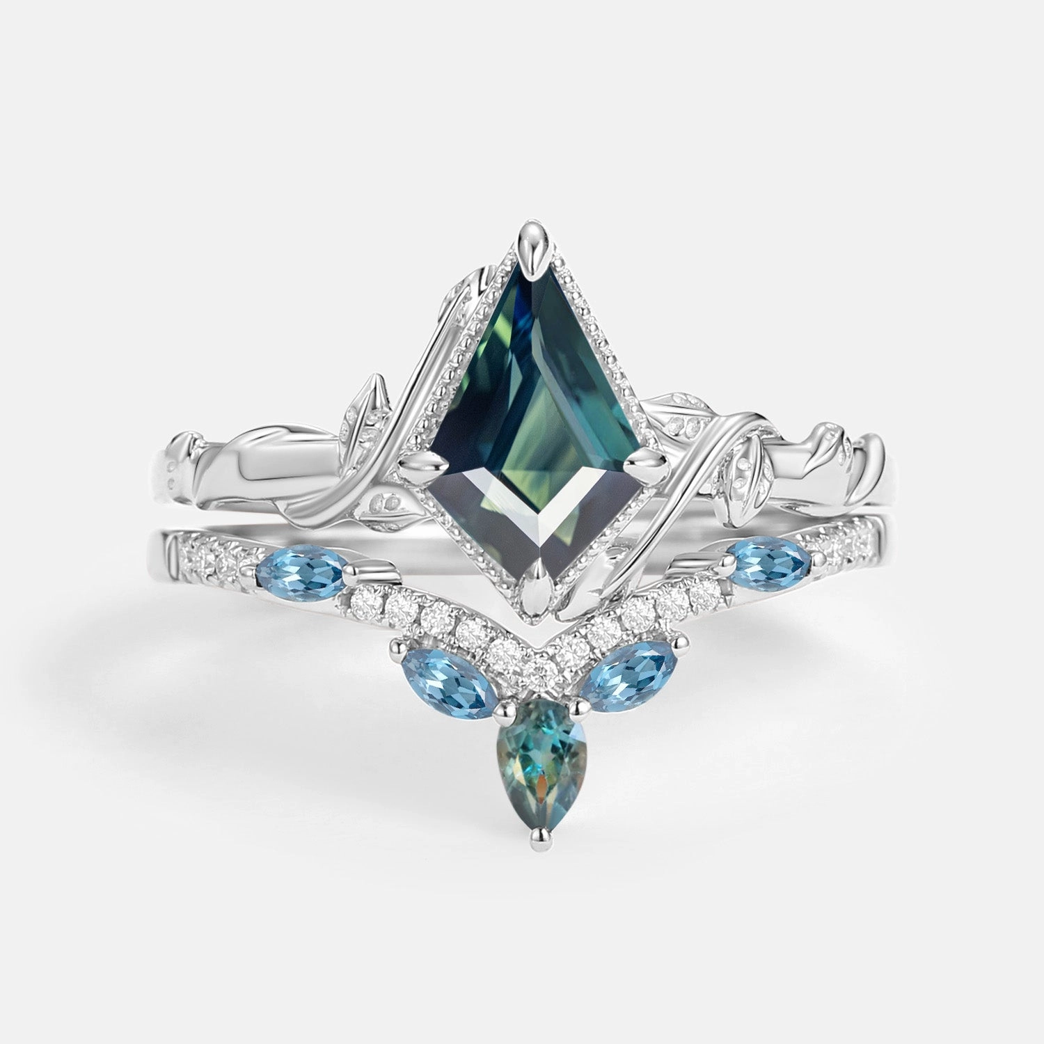 Premium Form Stylish Accessory Kite Cut Teal Sapphire & London Blue Topaz Engagement Ring Sets 2pcs - Lark