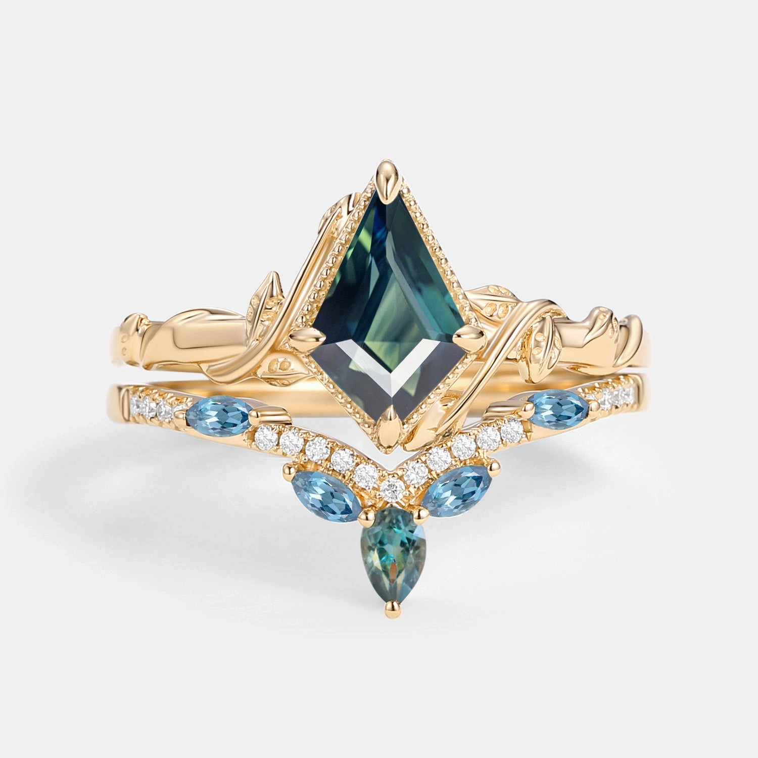 Flawless Finish Fashion Craft Kite Cut Teal Sapphire & London Blue Topaz Engagement Ring Sets 2pcs - Lark