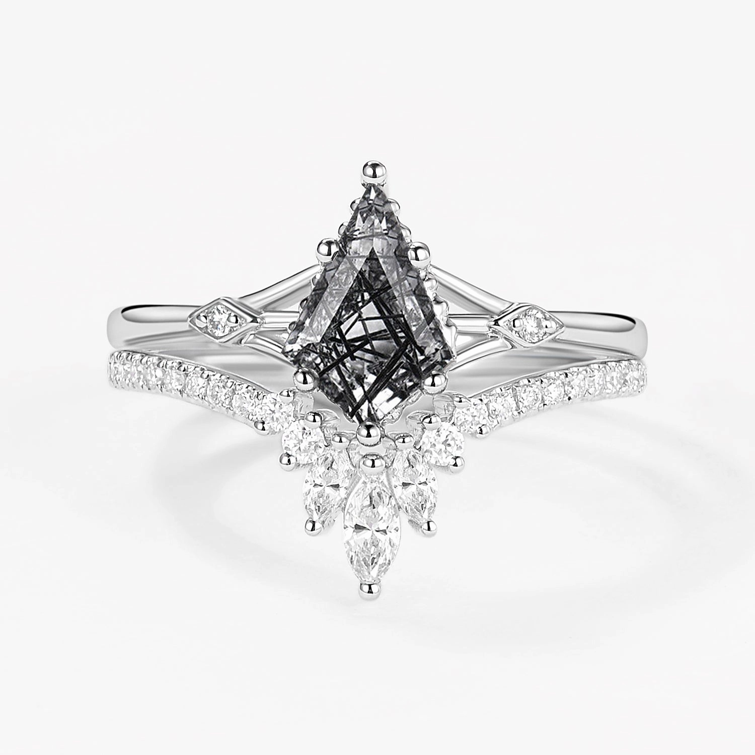 Kite Cut Uniqueness Black Rutilated Quartz Engagement Ring Set 2pcs Casual Vibe