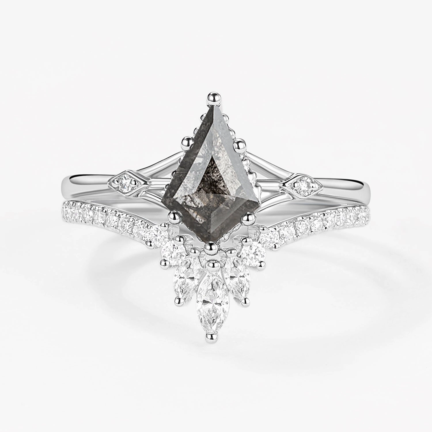 Sharp Silhouette Festive Set Kite Cut Uniqueness Black Rutilated Quartz Engagement Ring Set 2pcs