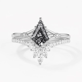 Kite Cut Uniqueness Black Rutilated Quartz Engagement Ring Set 2pcs Casual Vibe