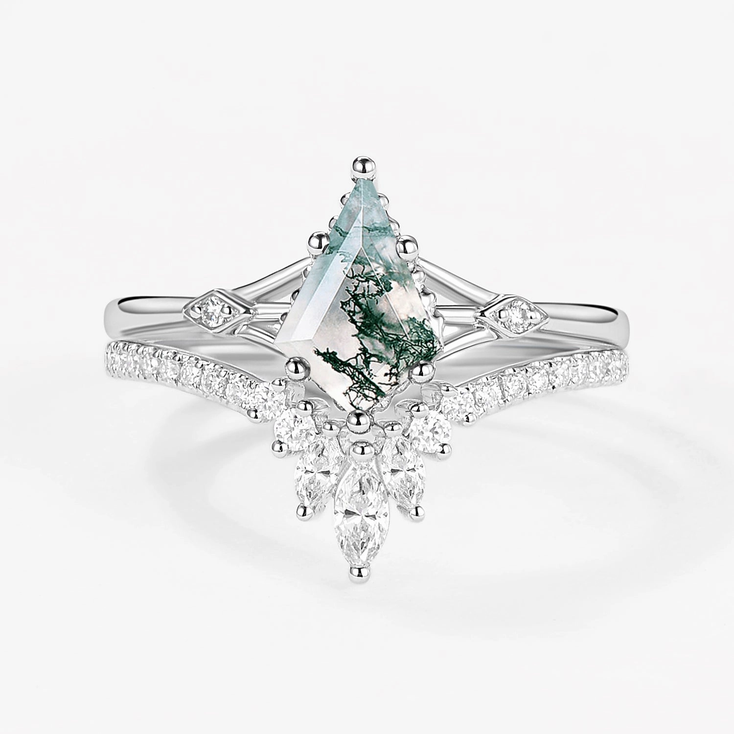 Kite Cut Uniqueness Black Rutilated Quartz Engagement Ring Set 2pcs Brilliant Sparkle