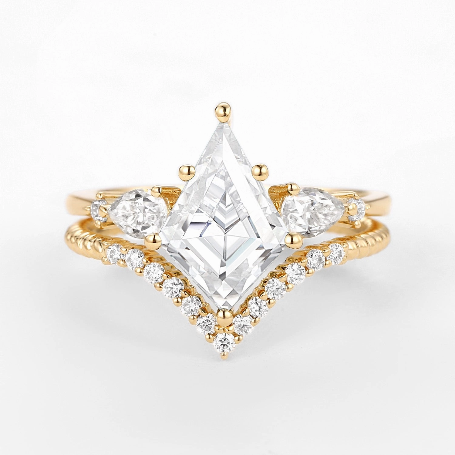 Kite Moissanite Three Stones Engagement Ring Set 2pcs - Delilah Bridal Collection Flawless Style