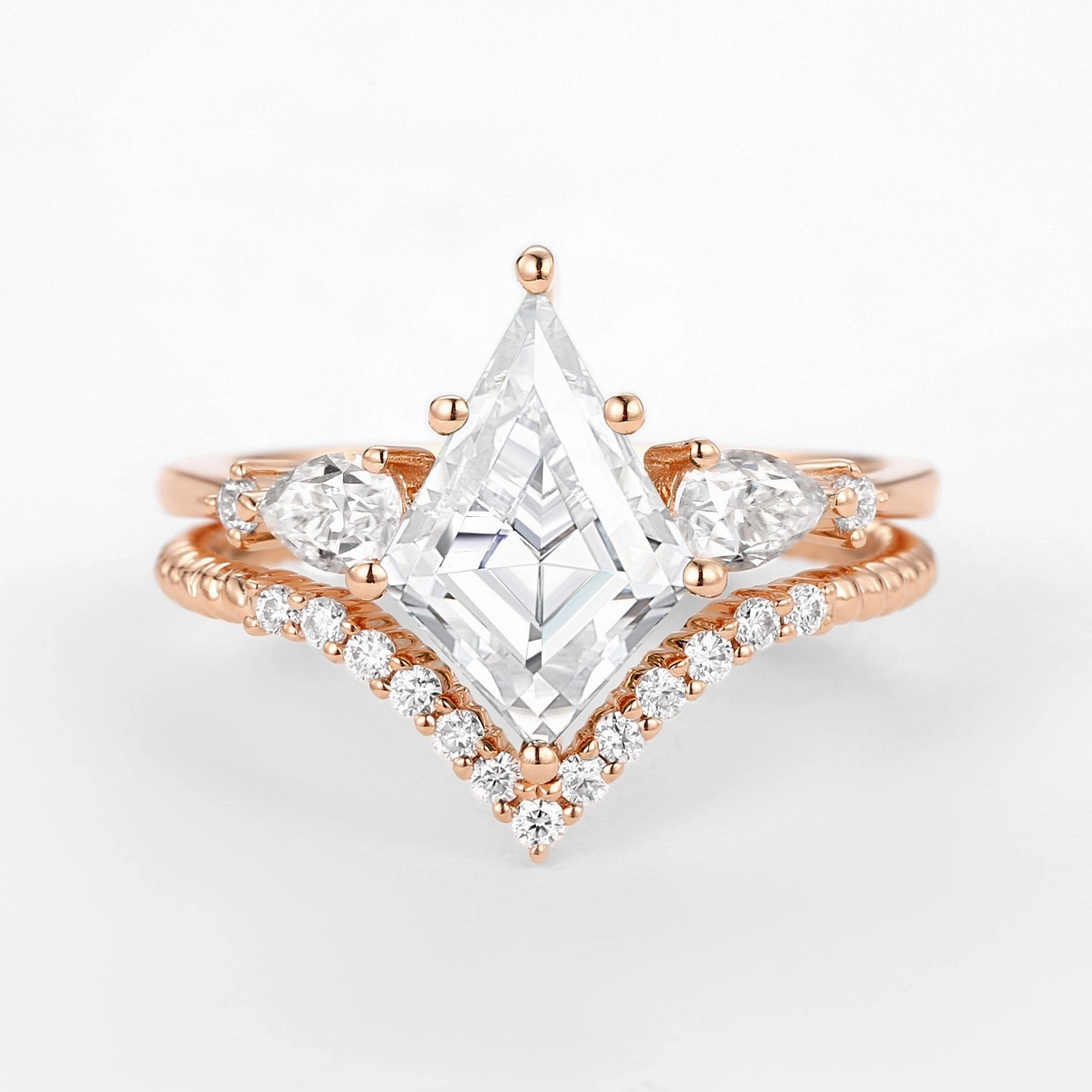 Shiny Creations Impressive Craft Kite Moissanite Three Stones Engagement Ring Set 2pcs - Delilah