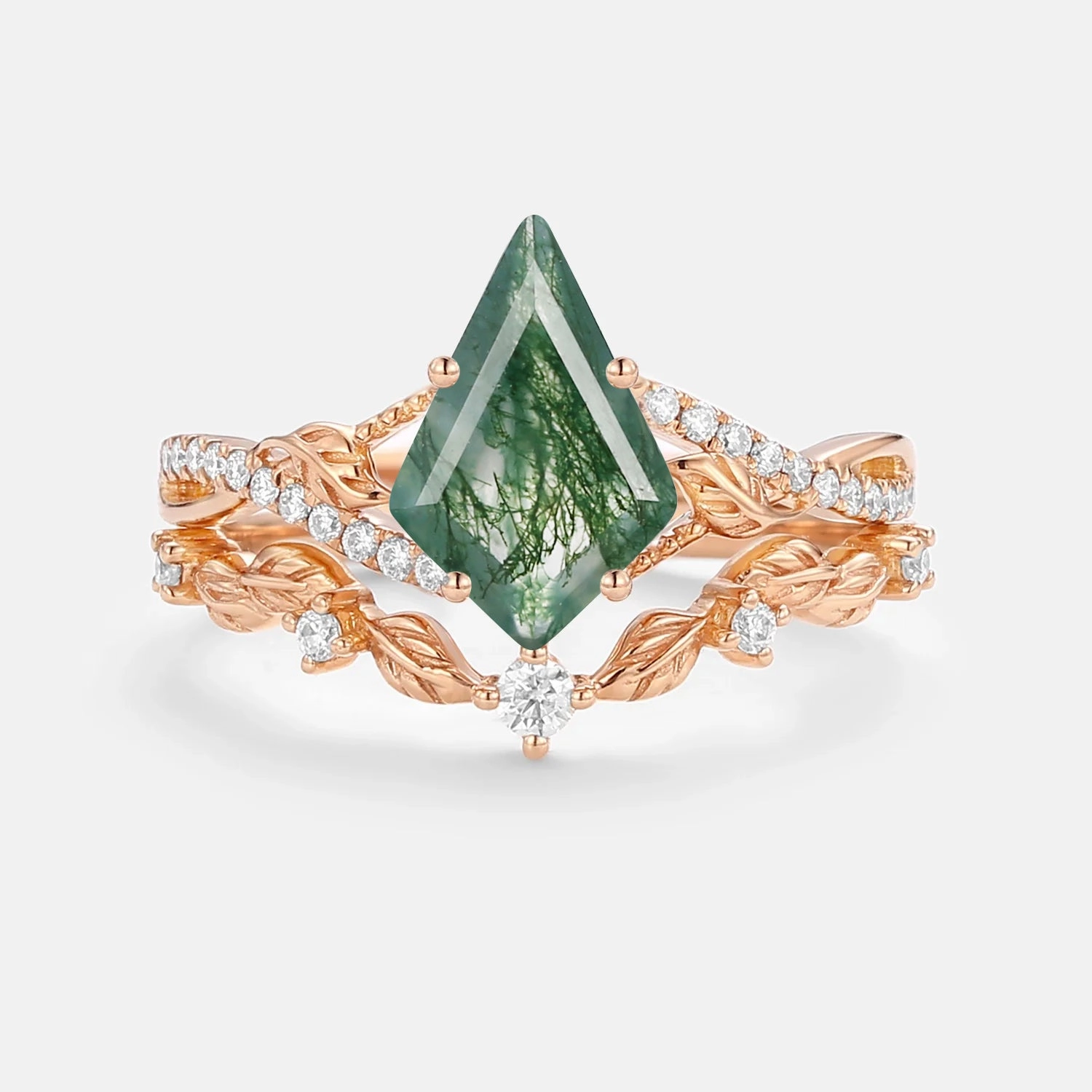 Kite Moss Agate Leafy Engagement Ring Set 2pcs - Syrin Alluring piece clean look