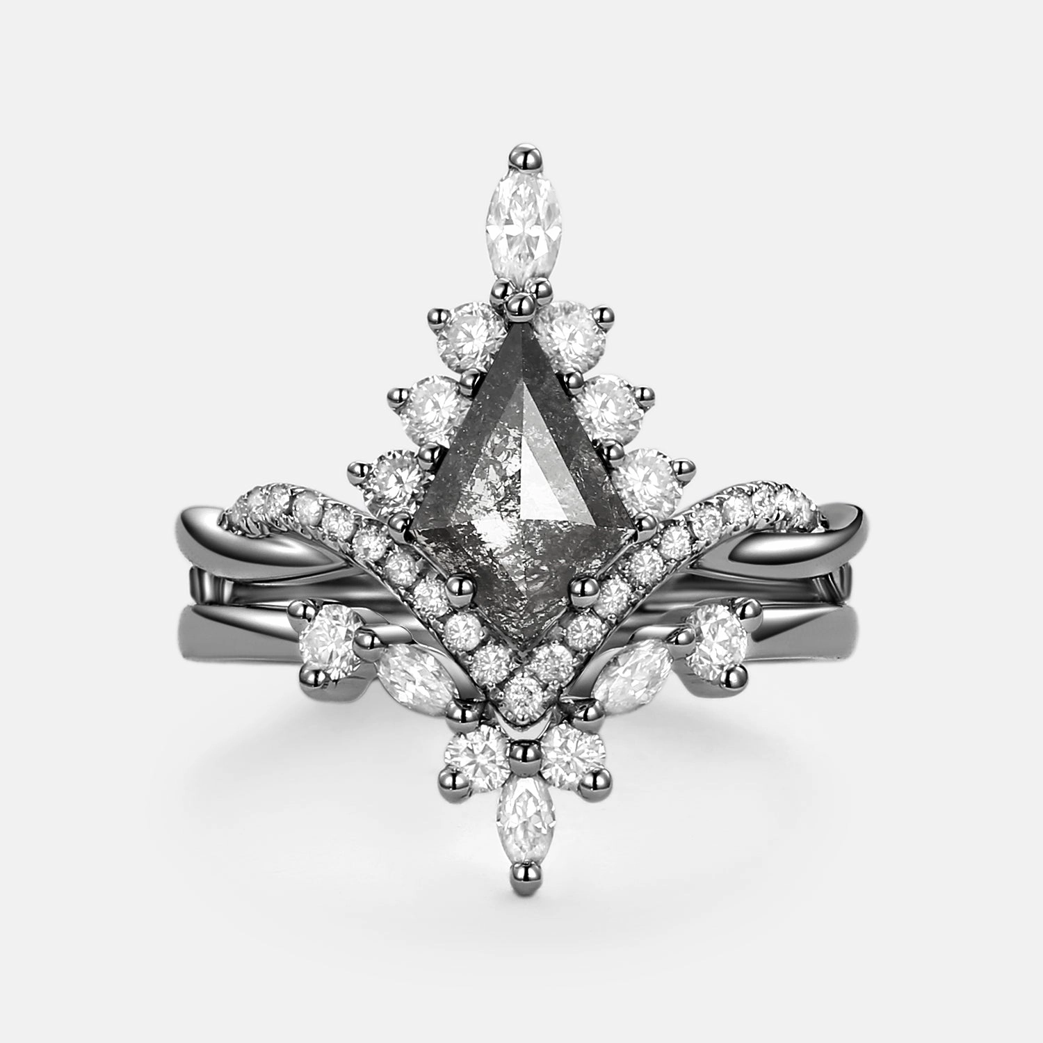 Sophisticated piece Romantic Style Kite Salt & Pepper Diamonds Wedding Ring Set 2pcs