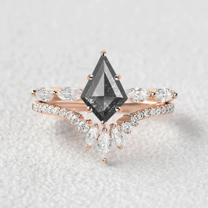 Kite Salt and Pepper Diamonds Cluster Engagement Ring Set 2pcs Petite Accent Allure Factor