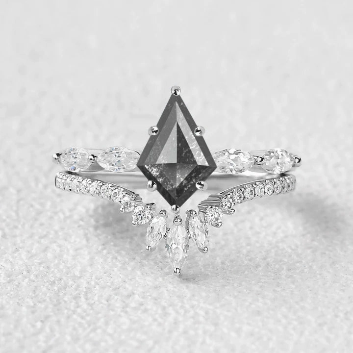 Kite Salt and Pepper Diamonds Cluster Engagement Ring Set 2pcs Refined Elegance Artisan Sparkle