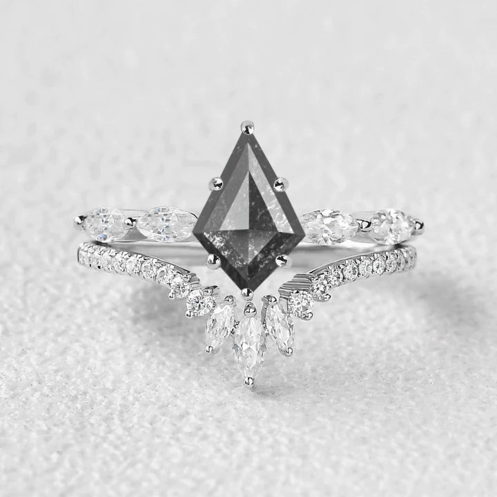 Classic Edge Charming Pieces Kite Salt and Pepper Diamonds Cluster Engagement Ring Set 2pcs