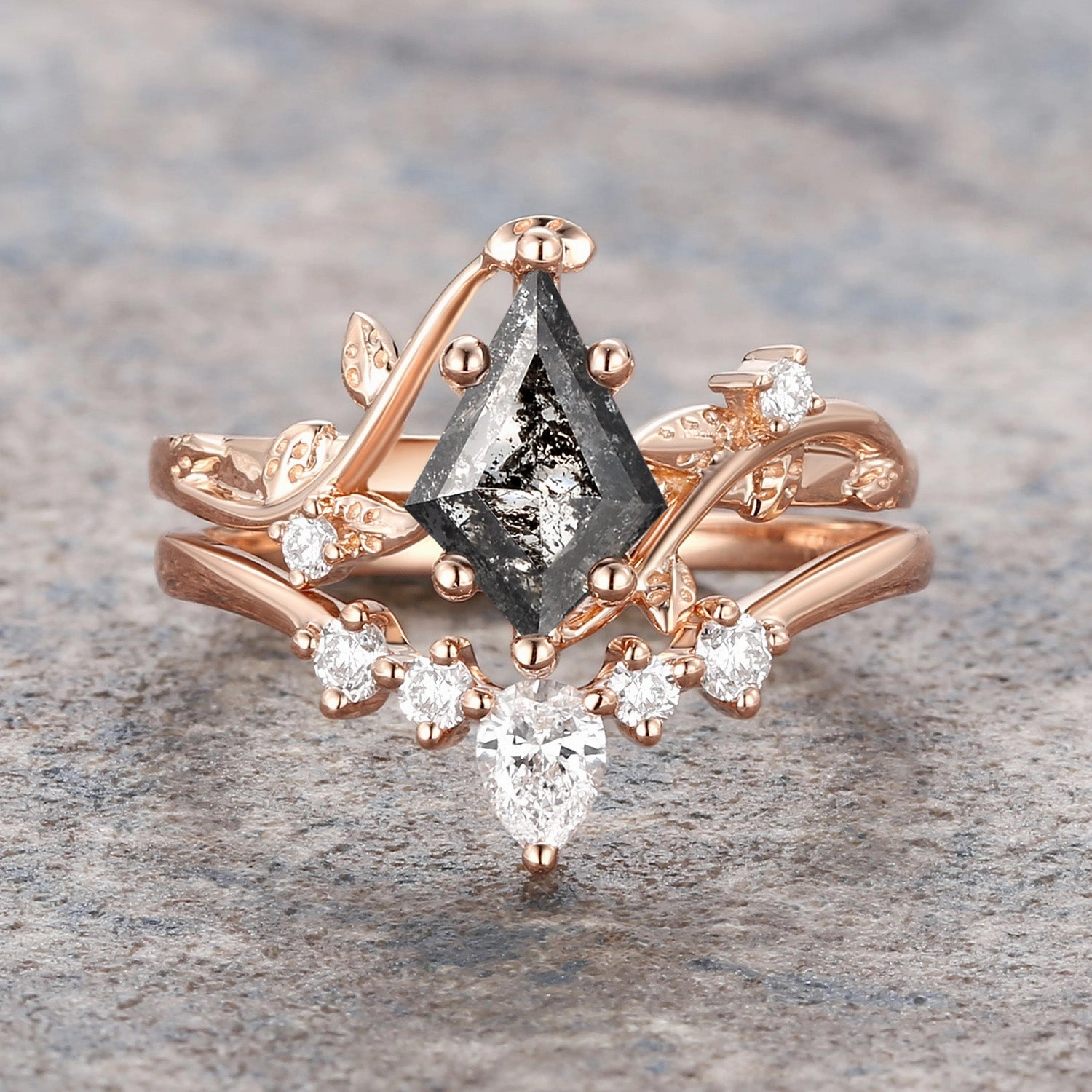 Eye Catching Bridal Vibe Kite Salt and Pepper Diamonds Natural Leafy Engagement Ring Set 2pcs - Willow