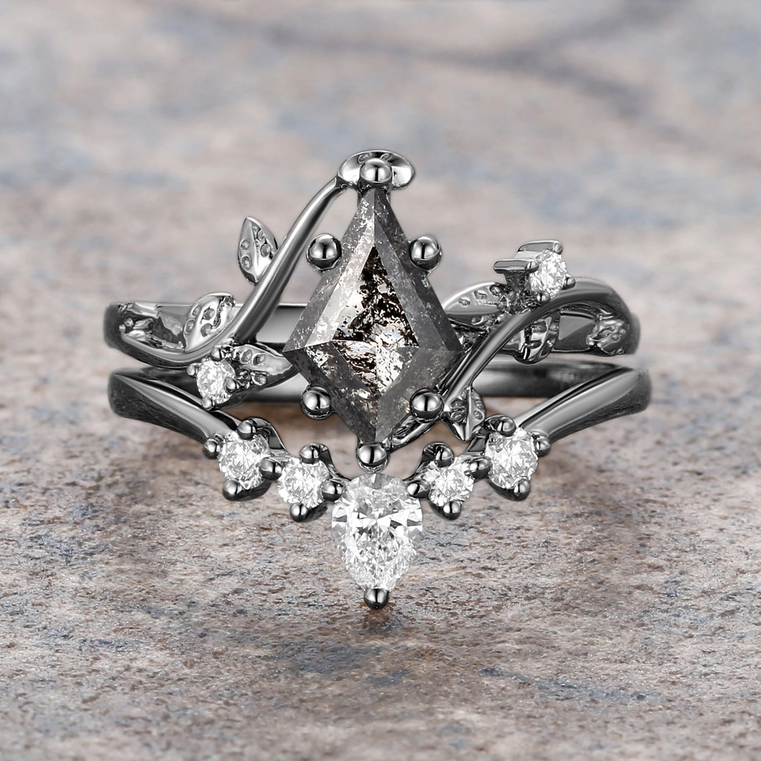 Kite Salt and Pepper Diamonds Natural Leafy Engagement Ring Set 2pcs - Willow Luxury Shine